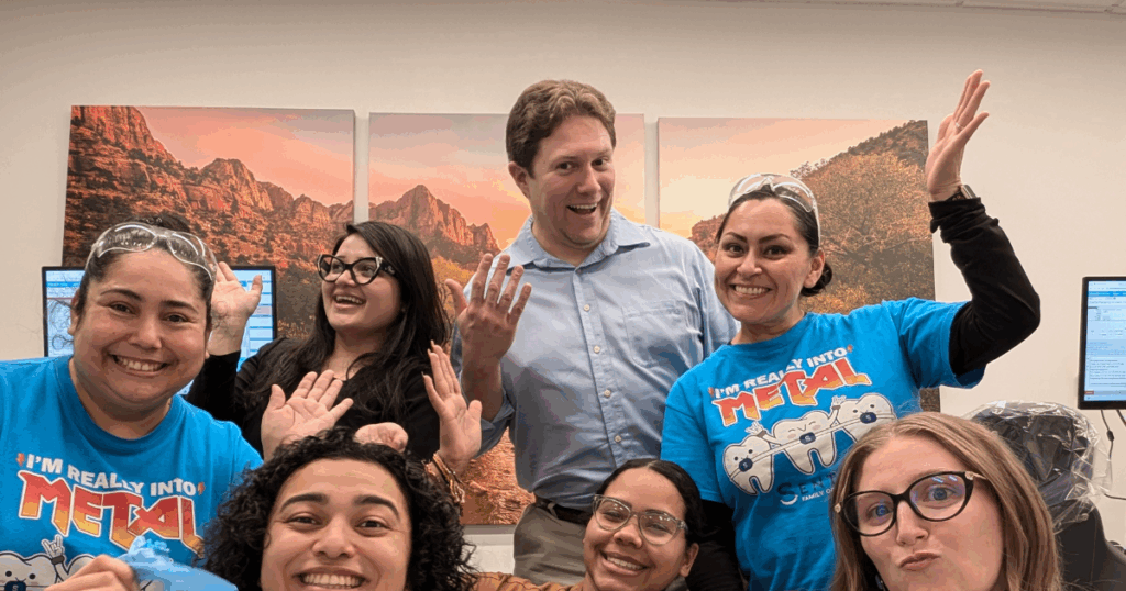 Senties Family Orthodontics team, happy, smiling together, Orthodontic Health Month October